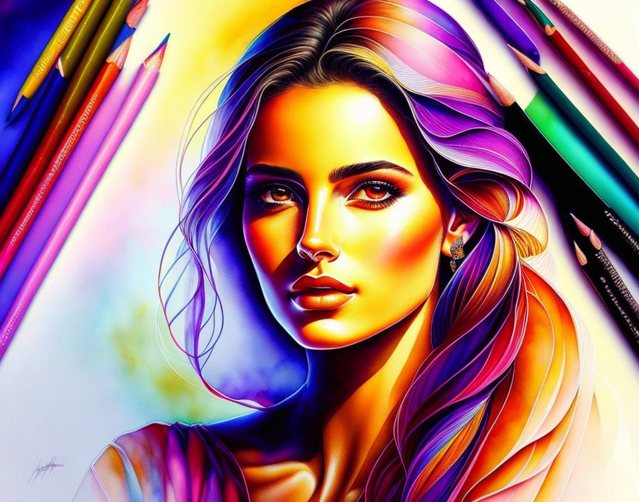 Colorful digital artwork: Woman with multicolored hair and pencil background