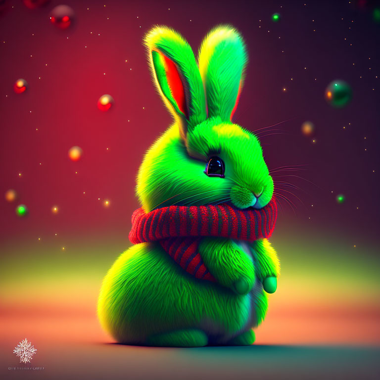 Colorful Neon Green Bunny with Striped Scarf and Floating Orbs