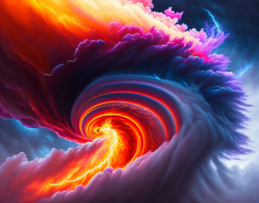 Colorful swirling vortex digital artwork with fiery reds, oranges, cool blues, purples,