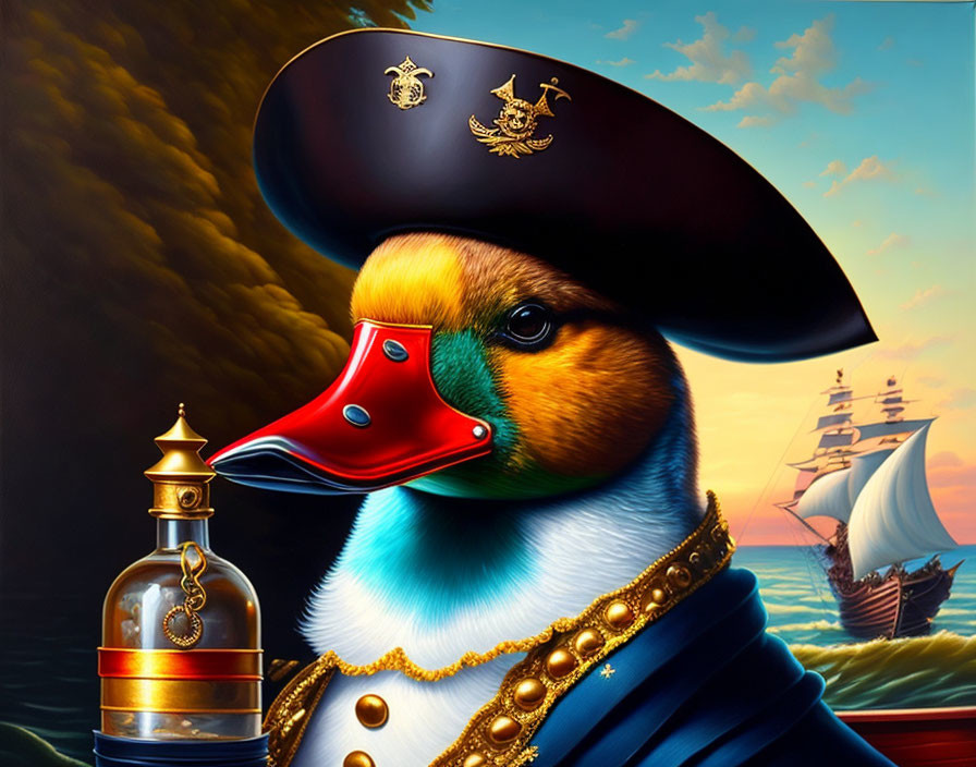 Stylized painting of duck in naval attire with stormy skies