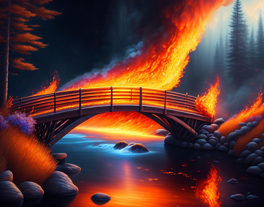 Digital art: Wooden bridge over river with fiery lava and blue forest backdrop