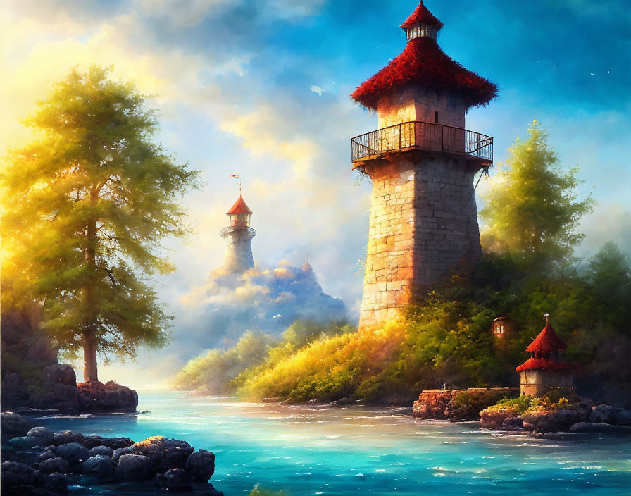 Fantasy landscape with stone lighthouse, red roof, river, lush trees at sunrise