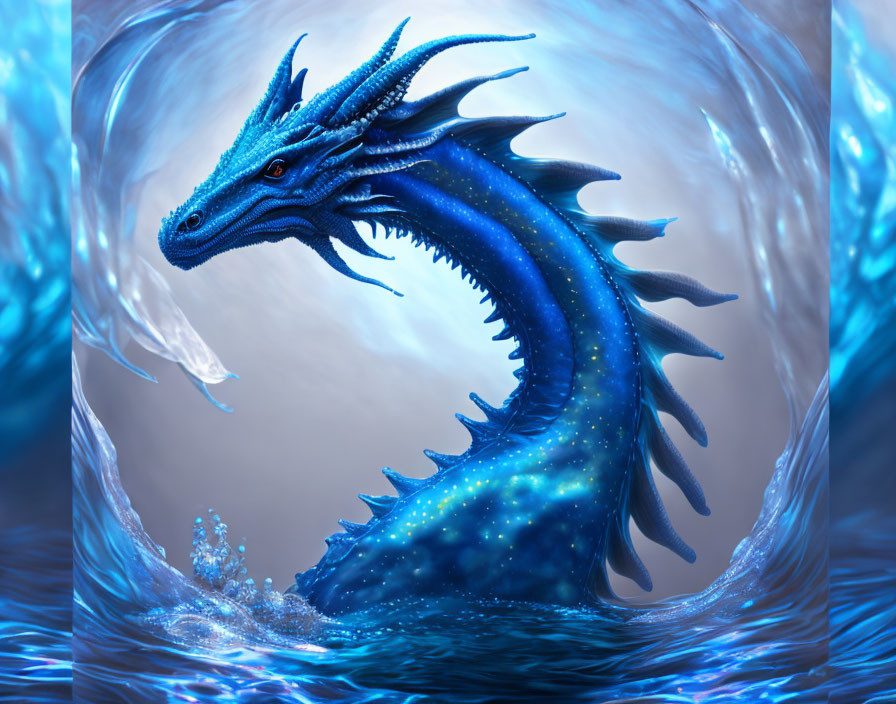 Majestic Blue Sea Dragon with Sparkling Scales Emerging from Swirling Water