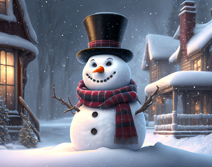 Cheerful snowman with top hat and scarf on snowy street