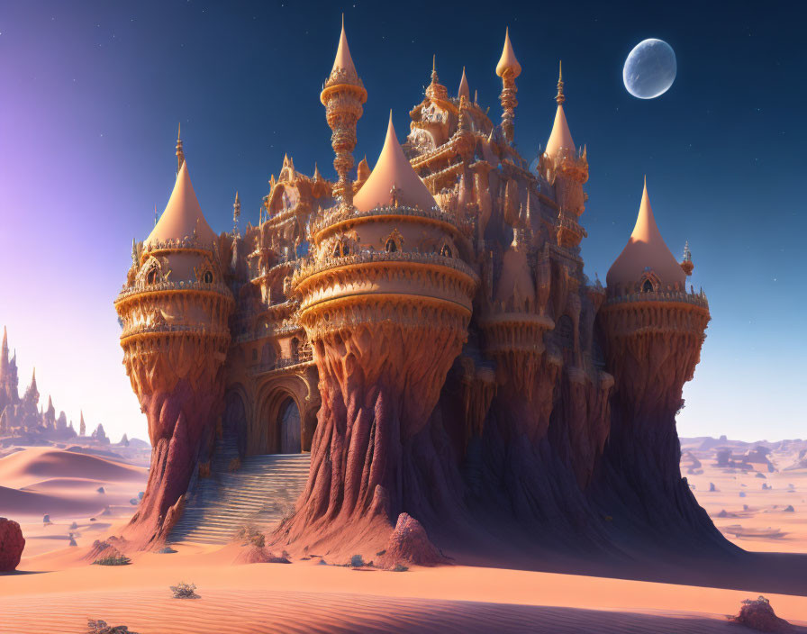 Opulent Fantasy Palace with Golden Domes on Rocky Outcrop at Dusk