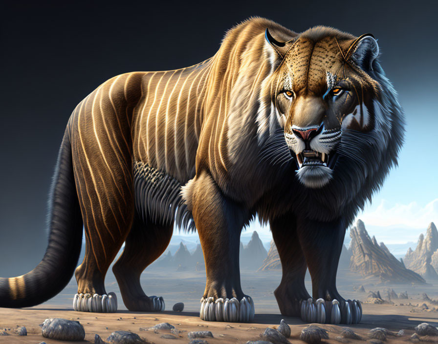 Majestic lion-tiger hybrid with sharp fangs in desert landscape