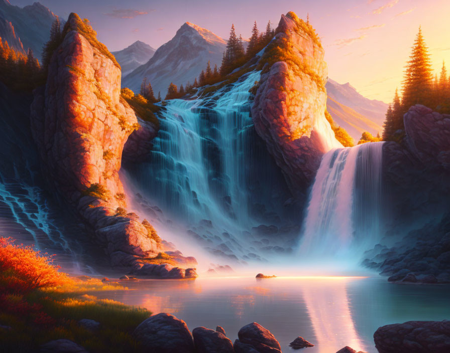 Tranquil waterfall between rocky cliffs at sunset