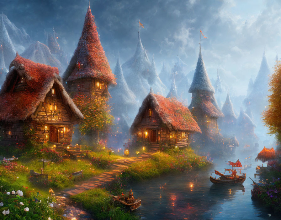 Serene Twilight Fantasy Village with Thatched-Roof Cottages