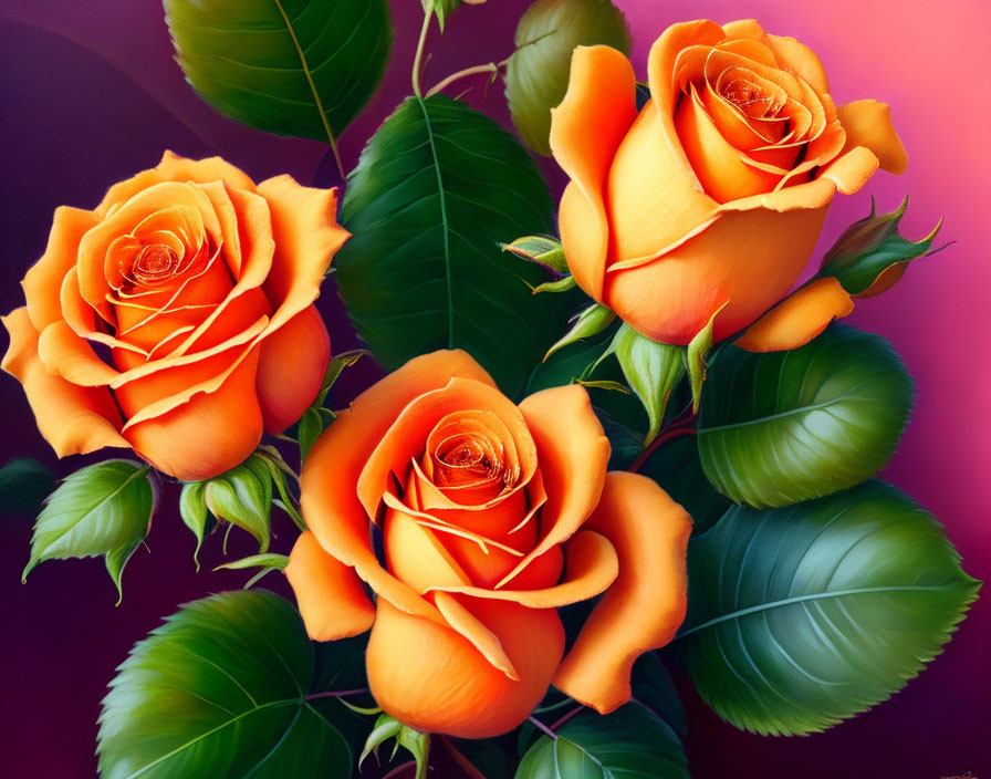 Three vibrant orange roses on pink and purple gradient backdrop