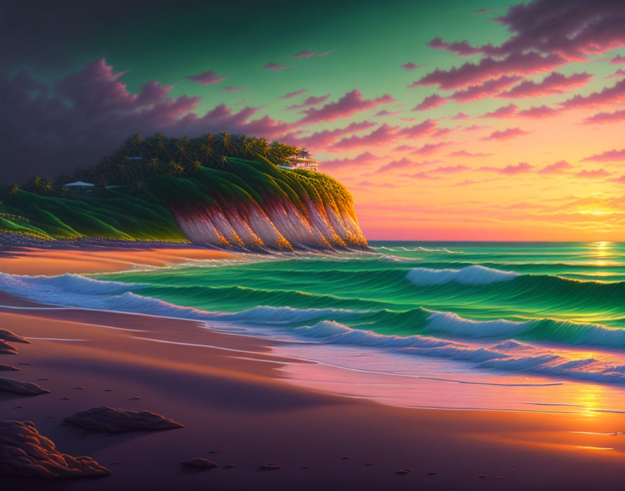 Vibrant beach sunset with cliff, greenery, colorful skies, and gentle waves