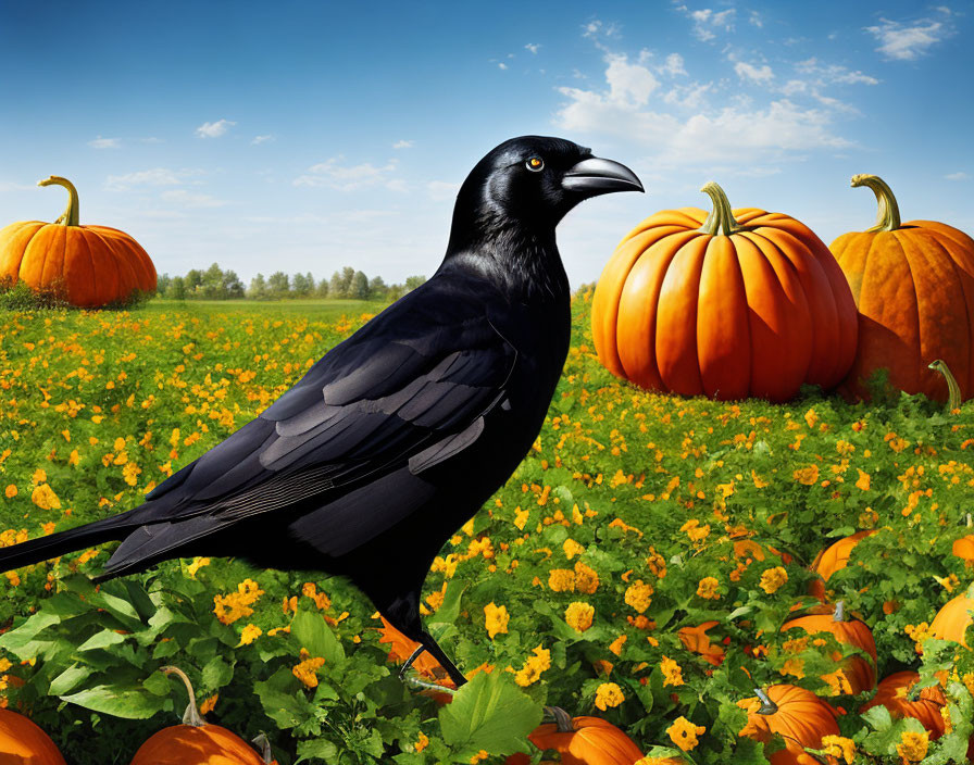 Black crow surrounded by orange pumpkins and yellow flowers in a sunny field