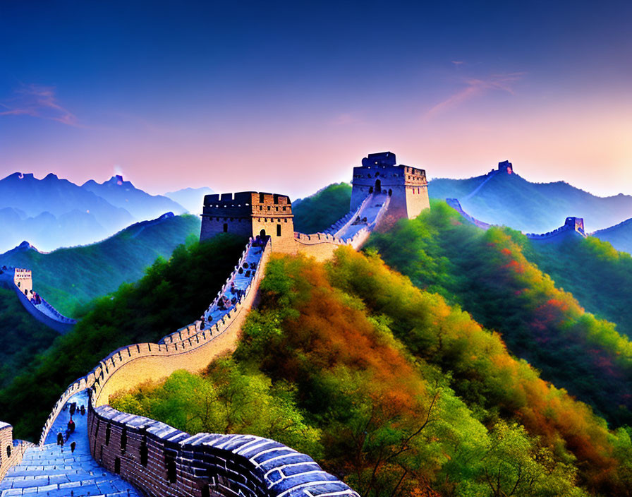 Iconic Great Wall of China at sunrise with colorful skies and lush greenery