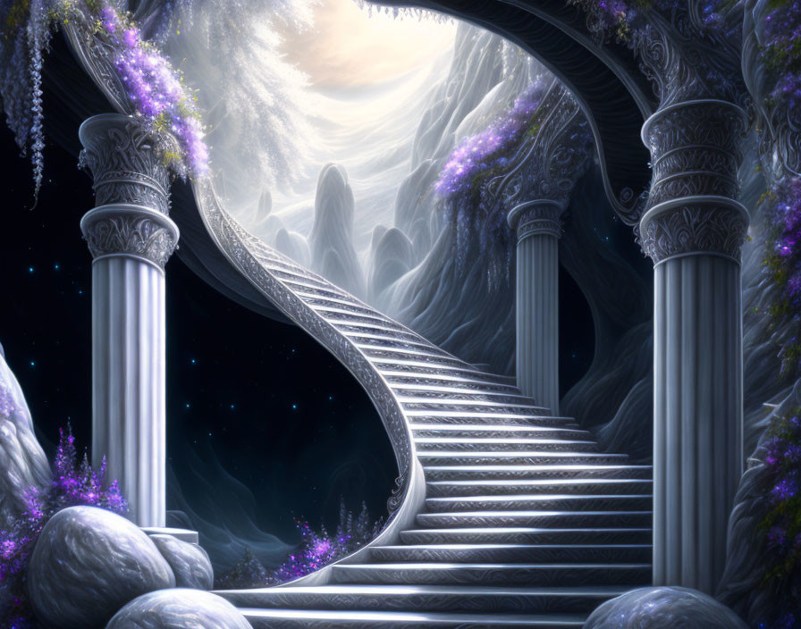 Ornate Pillars and Purple Flowers on Mystical Staircase Leading to Glowing Portal