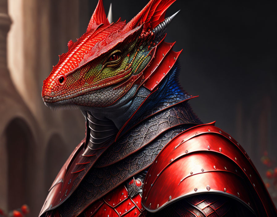 Detailed Red Dragon in Green-Accented Medieval Armor