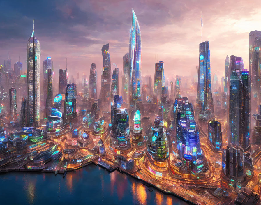 Futuristic cityscape with skyscrapers, neon lights, and advanced infrastructure