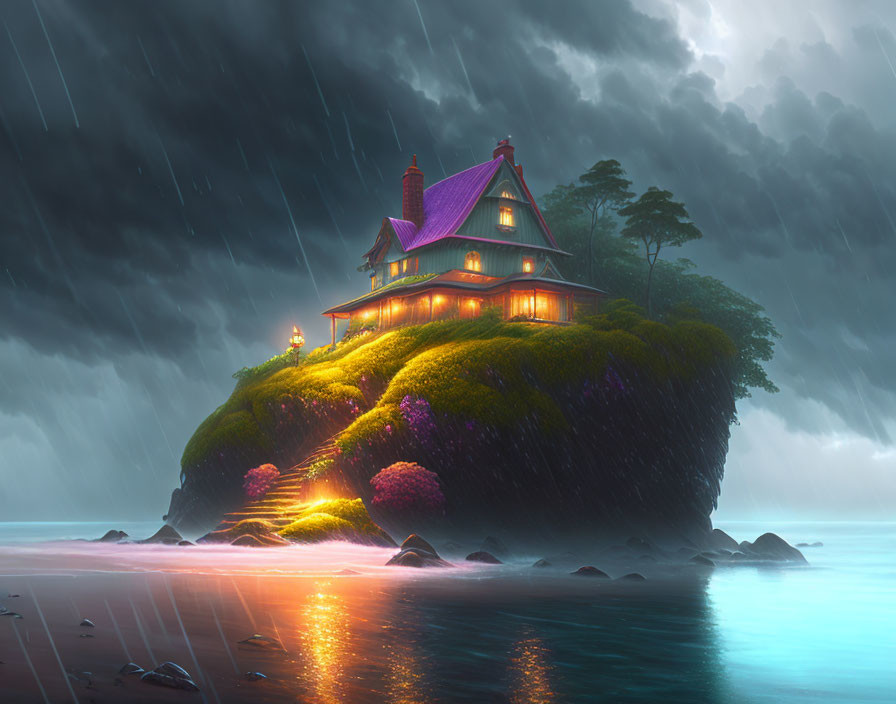 House on hill during stormy night with beach view