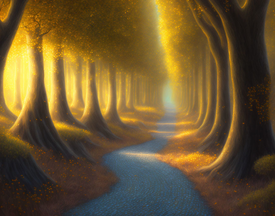 Enchanting forest path with golden light and floating petals