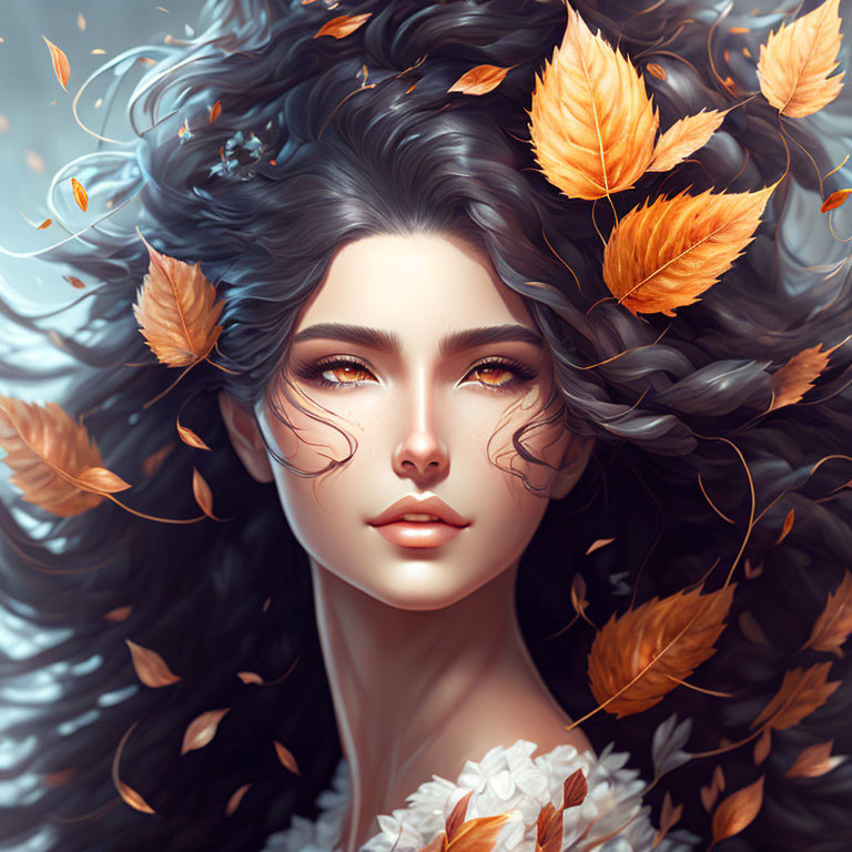 Digital portrait of woman with dark hair and autumn leaves, serene gaze in foliage.