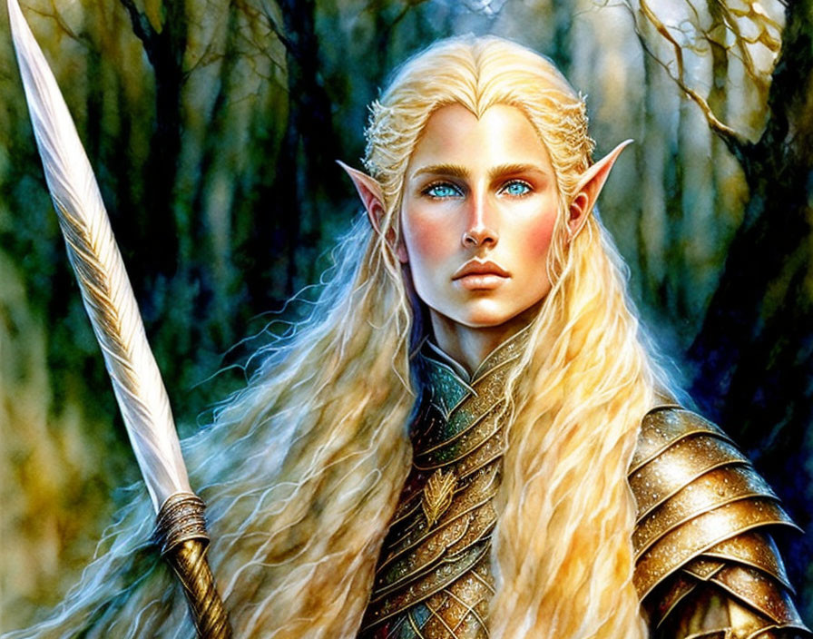 Fantasy illustration of blond-haired elf in ornate armor with spear