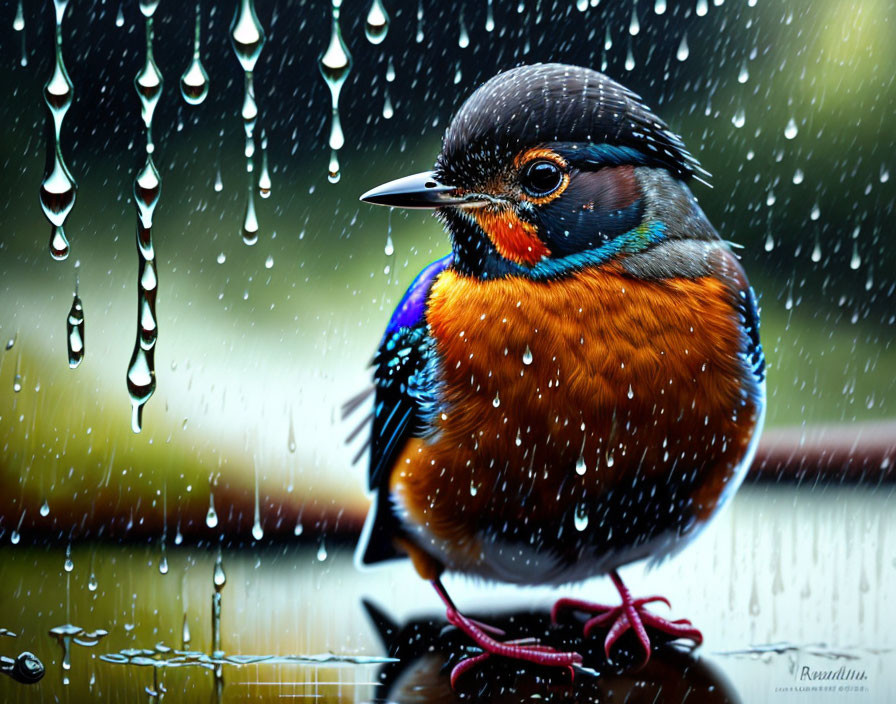 Colorful Bird Perched with Water Droplets in Rainy Scene