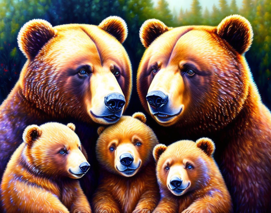 Colorful Family of Brown Bears in Lush Forest Setting