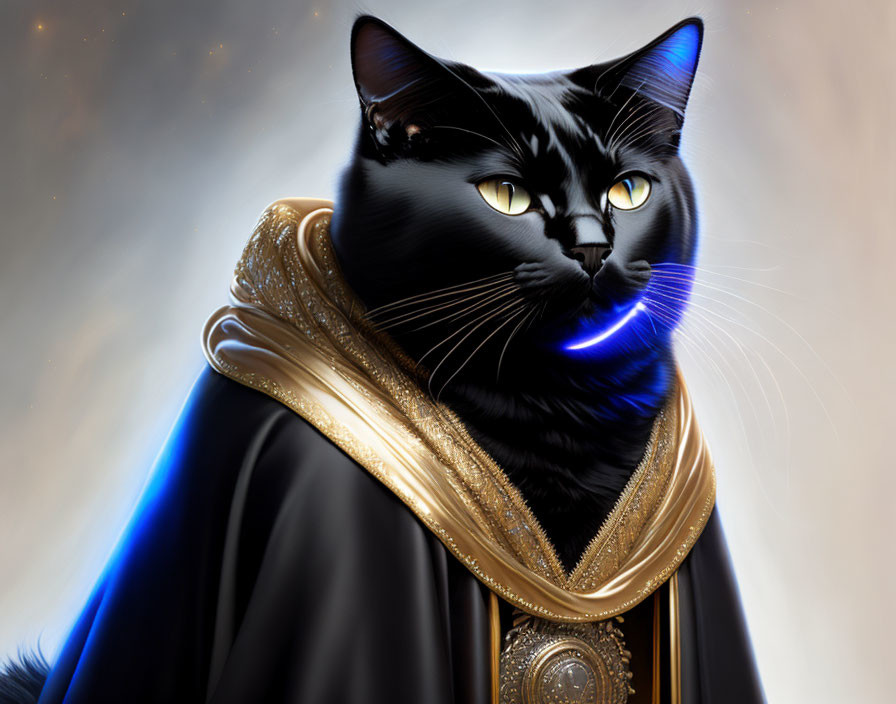 Majestic black cat digital art with yellow eyes and regal cape