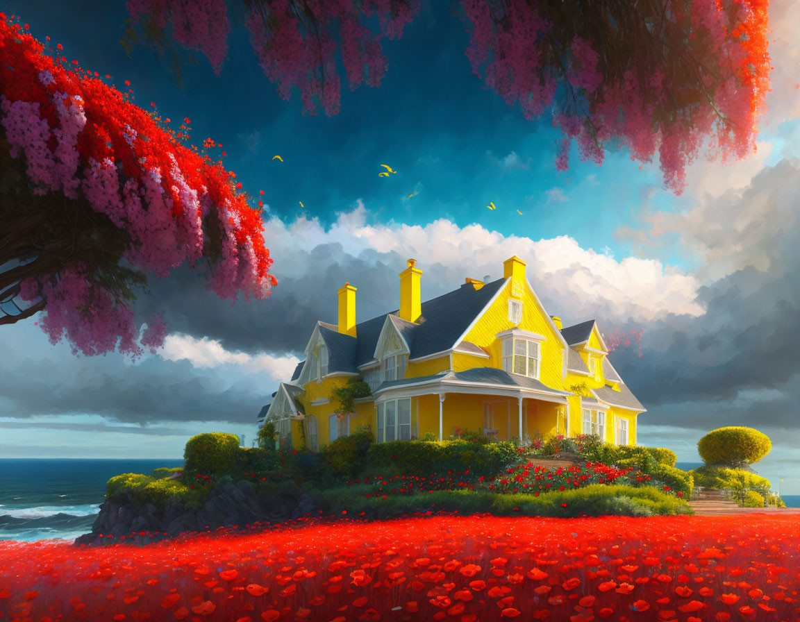 Victorian house in yellow with red flowers under dramatic sky