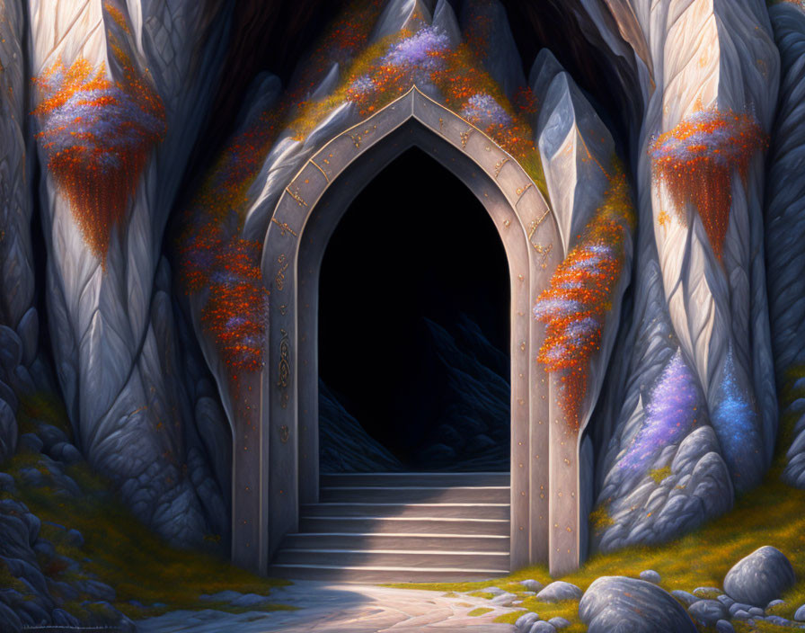 Stone Archway with Mystical Door in Mountain Setting