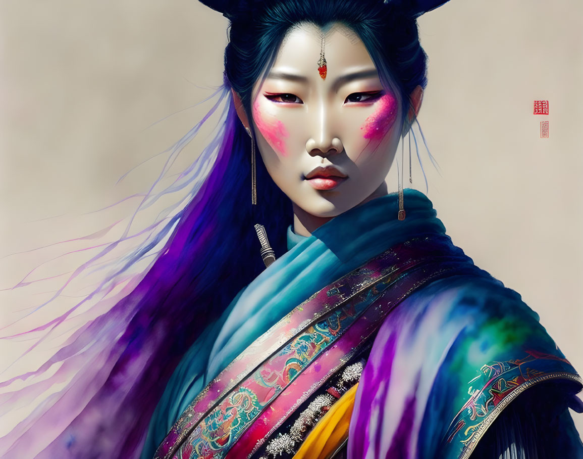 Vibrant Asian-themed portrait with purple hair and traditional attire