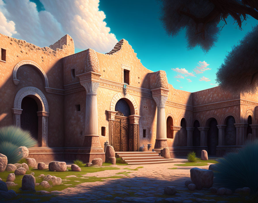 Sunlit desert fortress with ornate doors and stone pathways