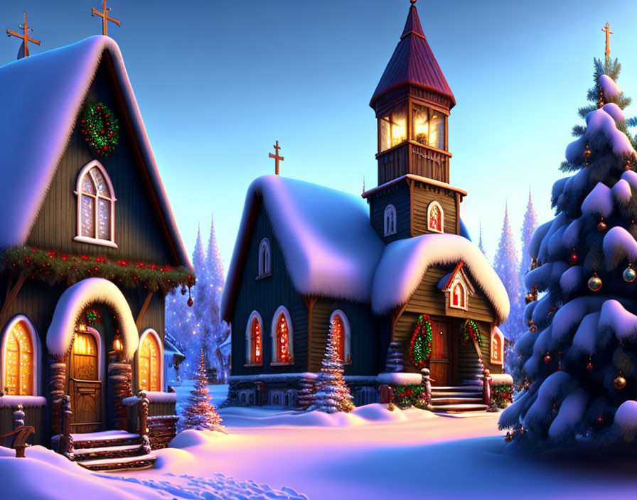 Winter village scene: decorated houses and church under night sky.