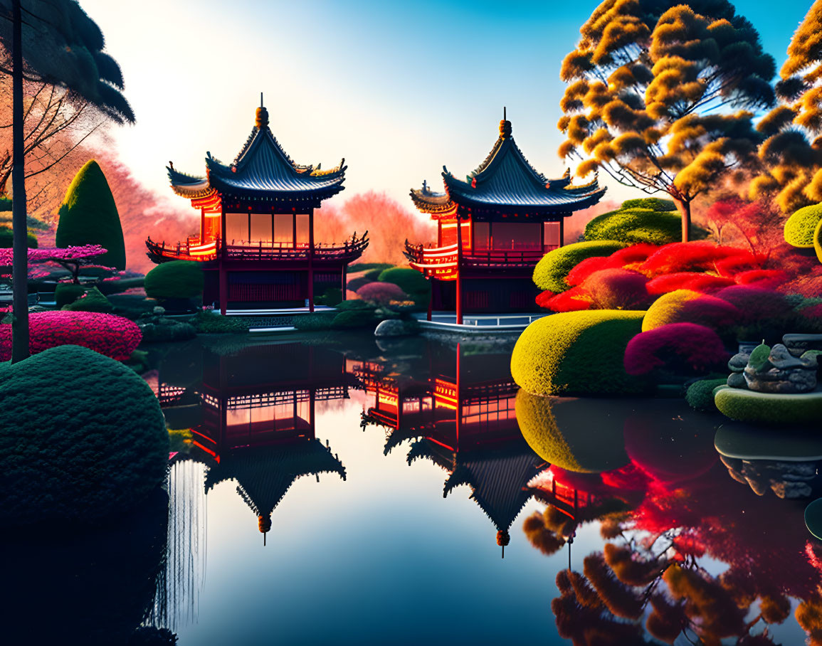 Scenic Asian pavilions by calm lake at sunset