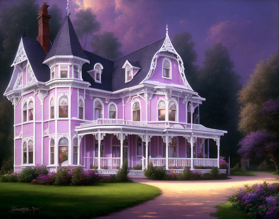 Victorian-style house painted purple in twilight garden