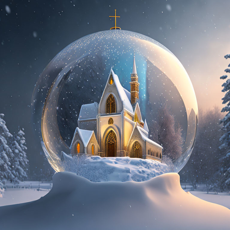 Snow globe with warmly-lit church in snowy landscape