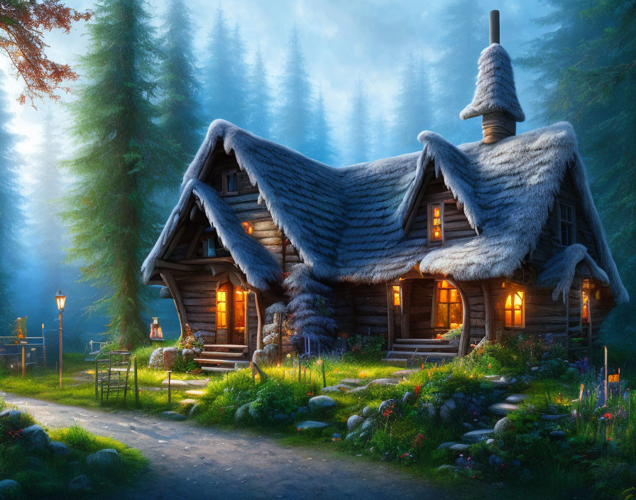 Enchanted forest cabin with glowing windows and thatched roof at dusk