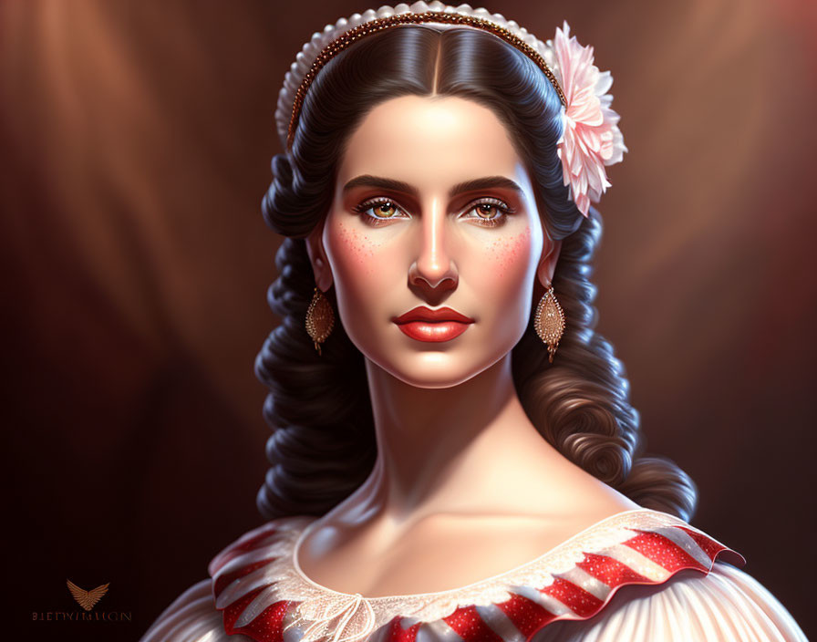 Digital portrait of woman with pearl accessories, red and white dress, and flower in hair on dark background