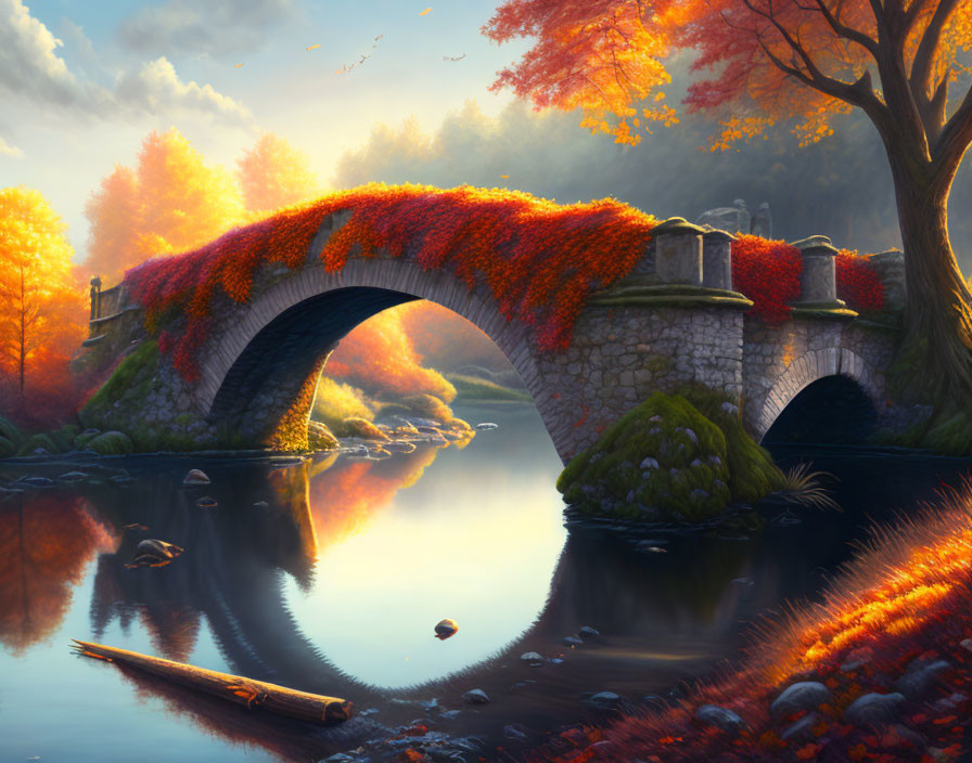 Stone bridge with autumnal foliage over tranquil river in forest