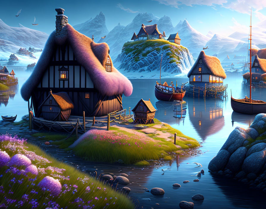 Scenic village by calm lake with thatched-roof houses, boats, mountains, twilight sky