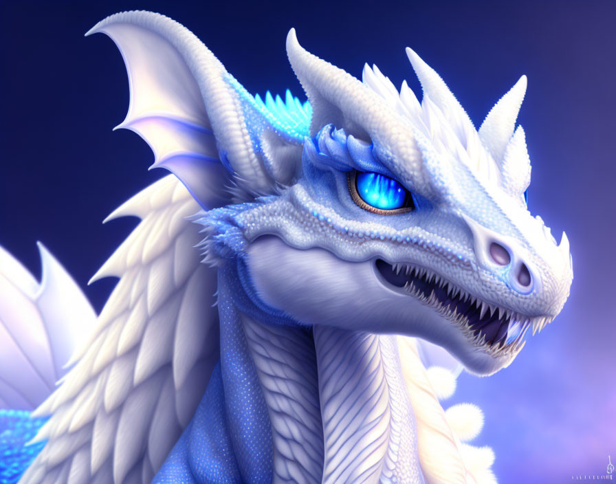 Majestic blue and white dragon with luminescent features on purple backdrop