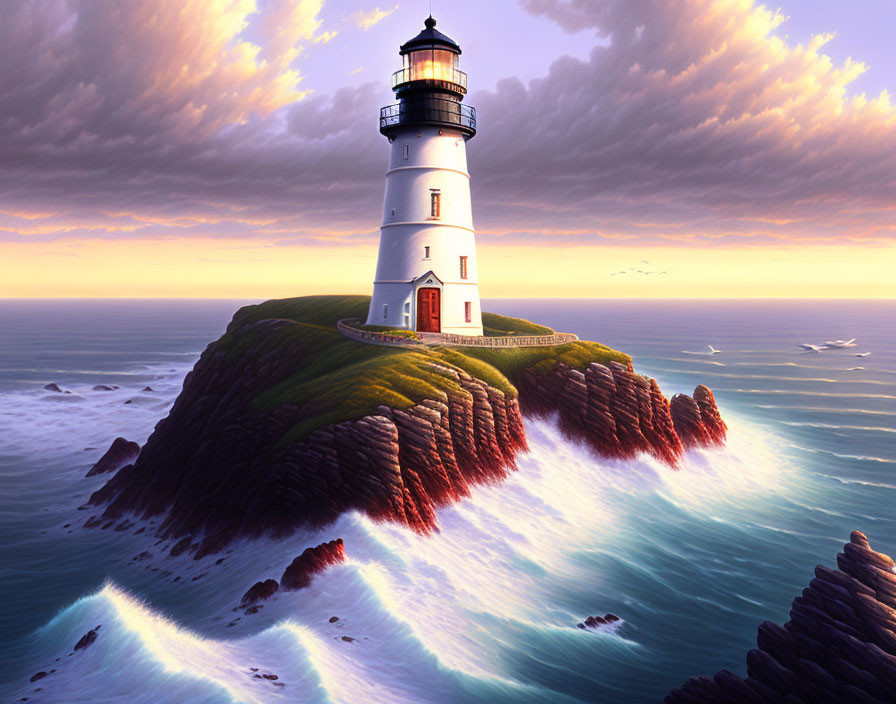 Scenic lighthouse on cliff with crashing waves at sunset