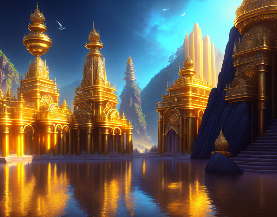 Golden fantasy palace reflecting on water at sunset with mountains and birds