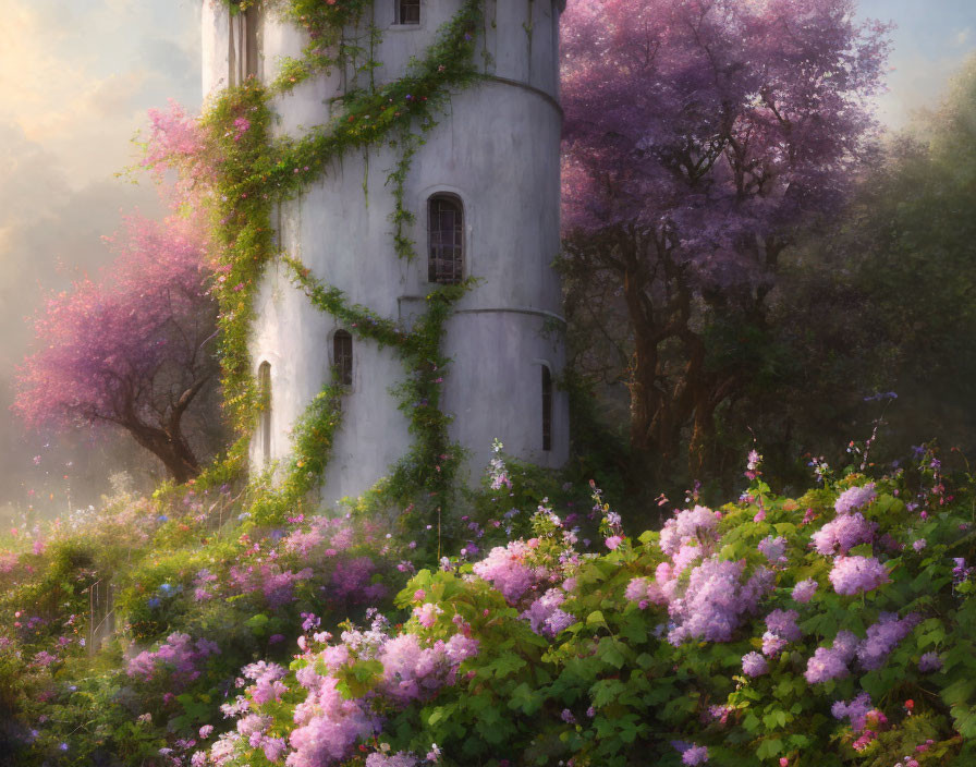 Enchanted tower covered in green ivy with purple trees and blooming shrubs