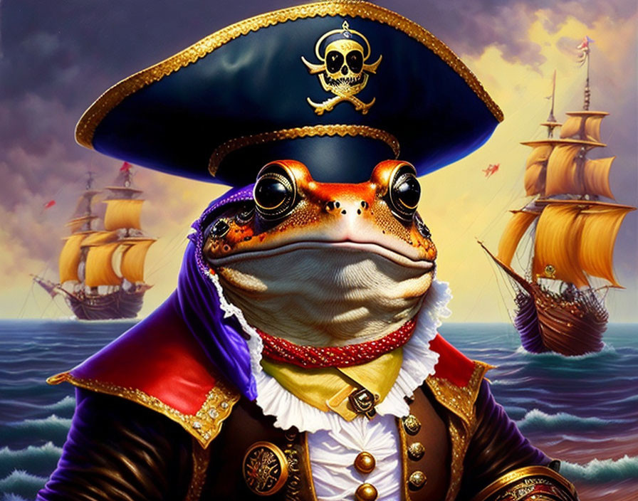 Anthropomorphic frog pirate captain with tricorner hat on stormy sea