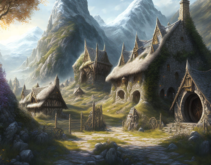 Thatched-Roof Cottages in Fantasy Village nestled among Mountains