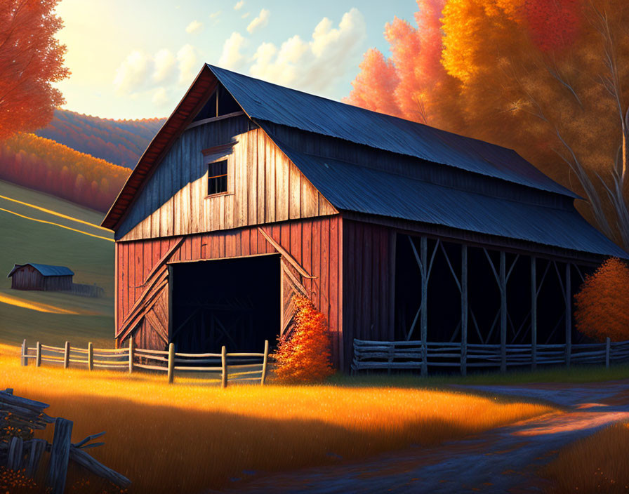 Rustic red barn in autumn setting with golden trees under warm sunset.