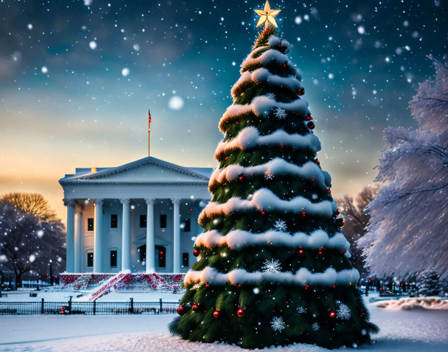 Neoclassical building backdrop with decorated Christmas tree