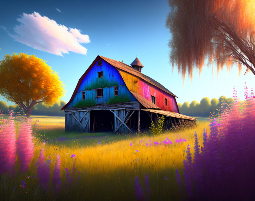 Vibrant barn illustration with rainbow colors and surreal sunset sky