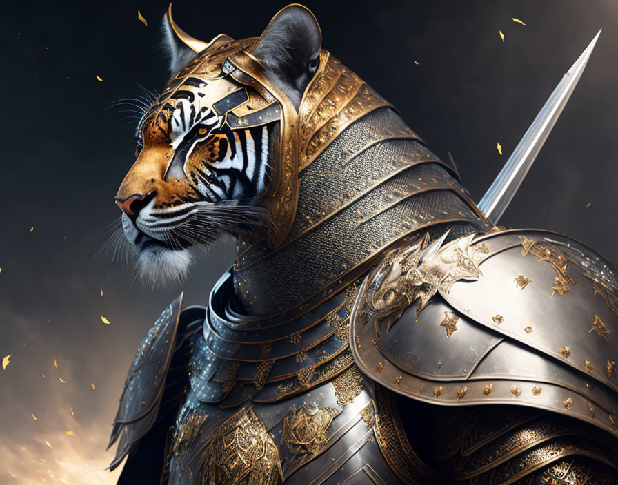 Tiger head on knight's body with sword in dark background