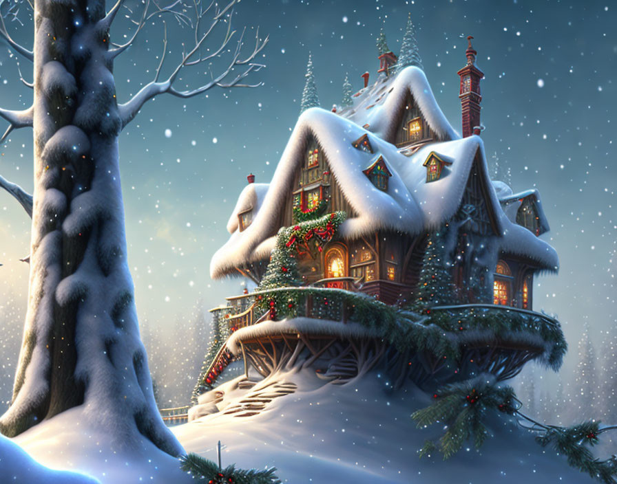 Snow-covered cottage with festive decorations in warm lighting