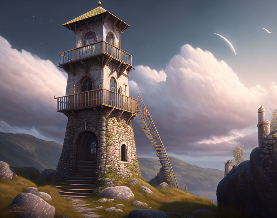 Stone tower with spiral staircase in serene twilight landscape